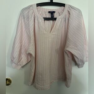 Chaps Light Pink and White Striped Linen Blend Blouse with Puff Short Sleeves